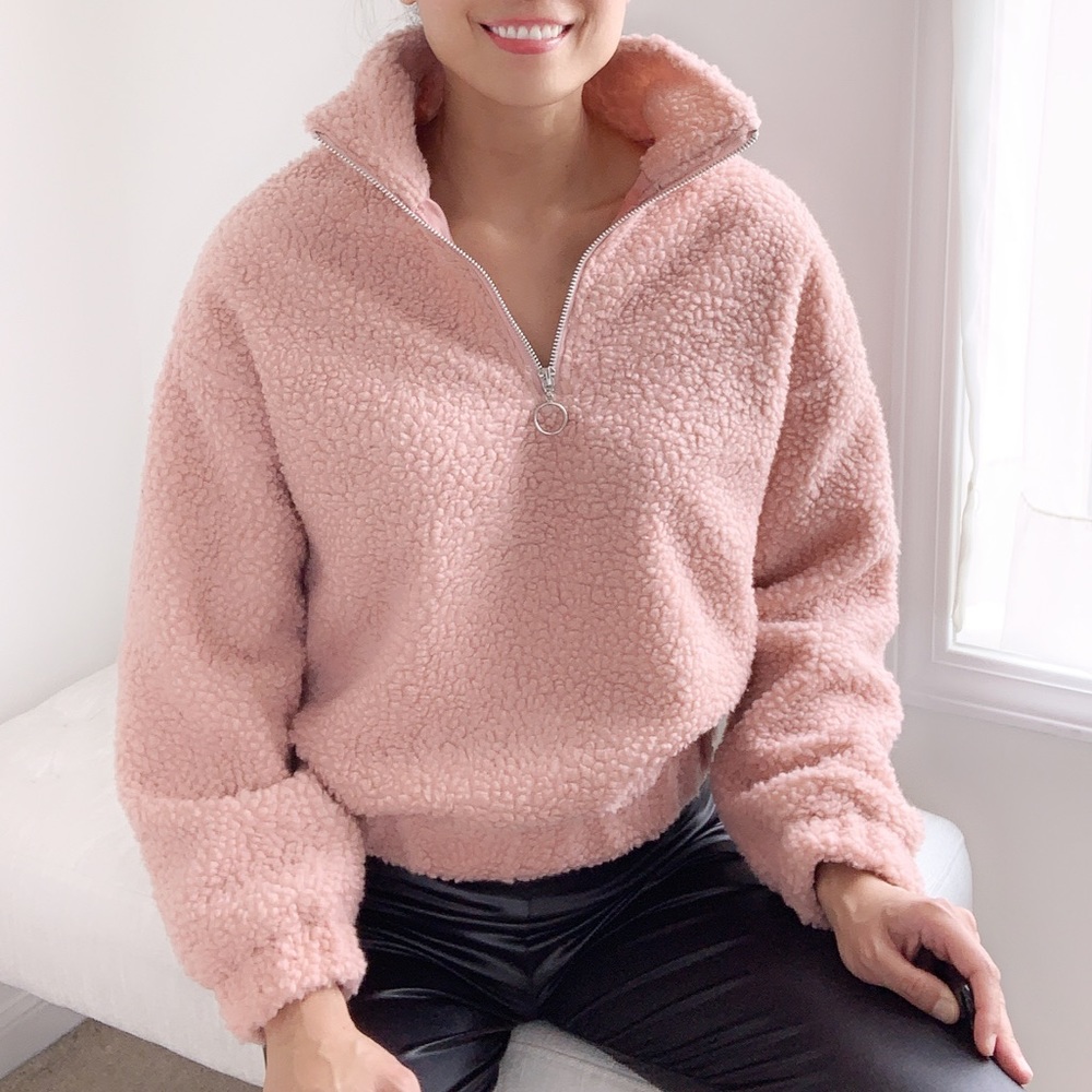SPORTY SHERPA HALF ZIP PULLOVER - BLUSH - Picture 2 of 9